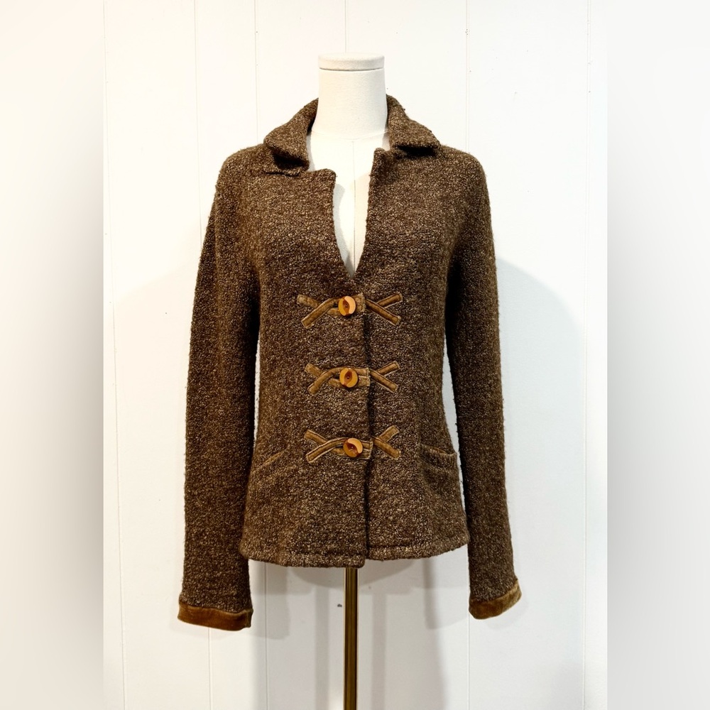 Anthropologie HWR Monogram Tan Brown Boucle Knit Velvet Fitted Blazer Jacket M